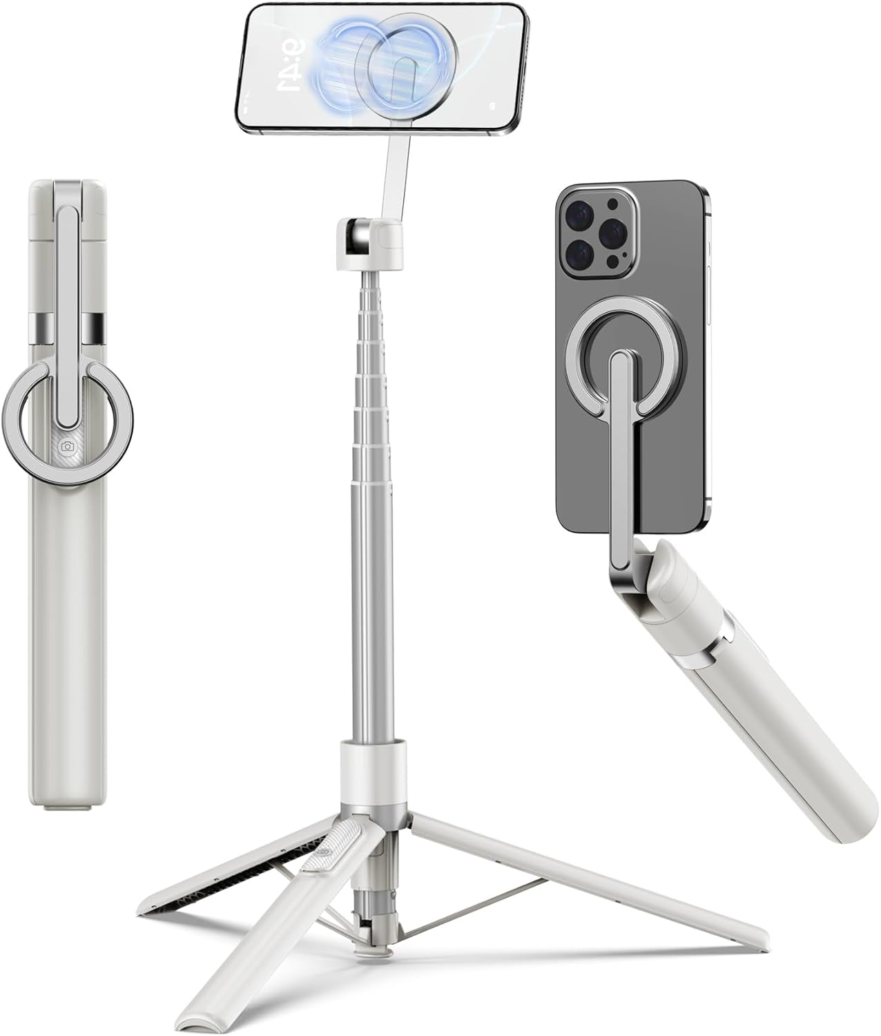 68" Magnetic Selfie Stick Tripod with Aluminum Strong Magnetic Holder for Magsafe, 360° Rotatable Travel Phone Tripod Stand with Metal Ring & Rechargeable Remote for Iphone/Android(Beige Gray)